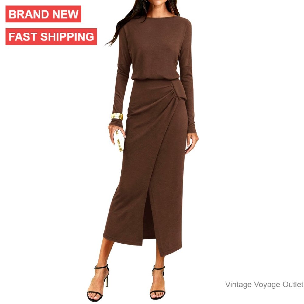 Long Sleeve Ruched Maxi Dress, Boat Neck, Wrap Style, Knit Fabric, Wedding Guest
